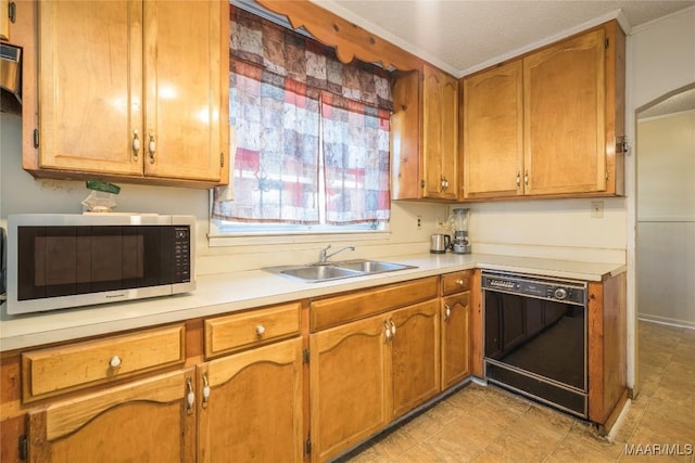 kitchen featuring sink, ornamental molding, and black dishwasher