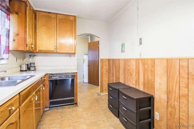 kitchen featuring dishwasher, sink, and wood walls