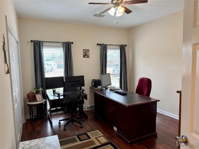 office area with dark hardwood / wood-style floors and ceiling fan