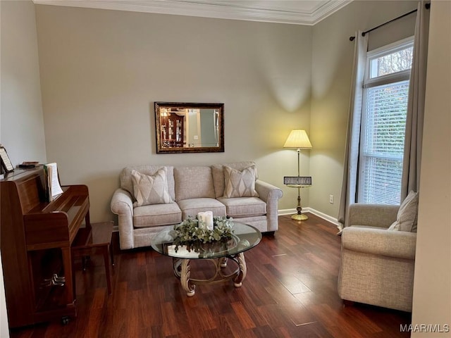 living room featuring dark hardwood / wood-style floors and crown molding