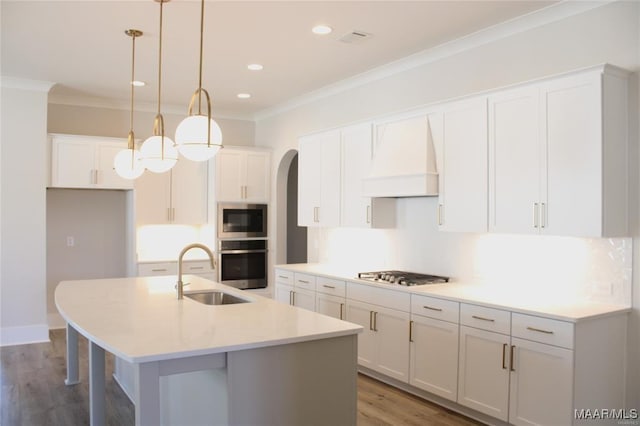 kitchen with premium range hood, appliances with stainless steel finishes, a kitchen island with sink, and sink