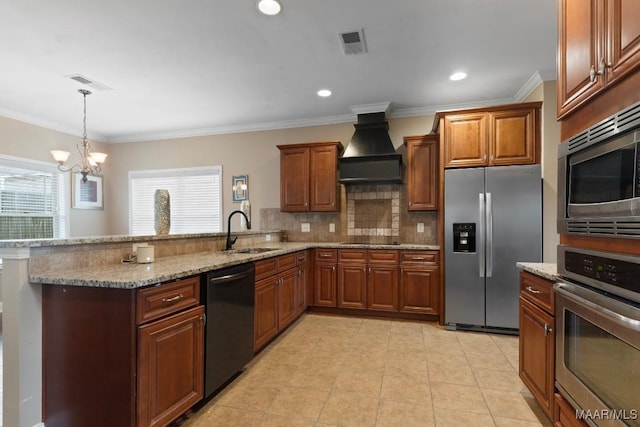 kitchen with an inviting chandelier, black appliances, crown molding, sink, and custom range hood