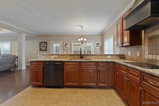 kitchen featuring sink, decorative columns, black appliances, custom range hood, and ornamental molding