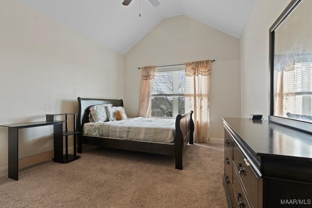 bedroom with ceiling fan, light colored carpet, and lofted ceiling