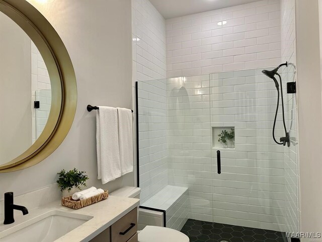 bathroom with vanity, toilet, and a shower with shower door