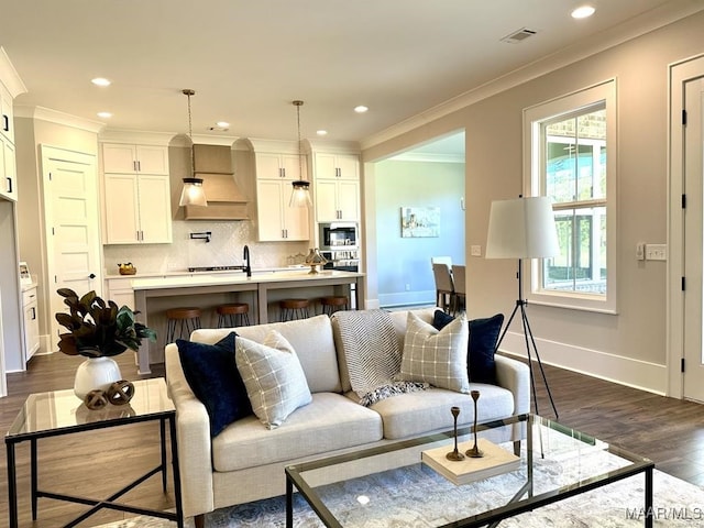 living room featuring ornamental molding and dark hardwood / wood-style floors