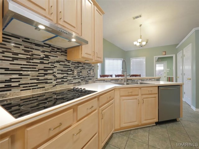 kitchen featuring dishwasher, light brown cabinets, hanging light fixtures, sink, and black stovetop