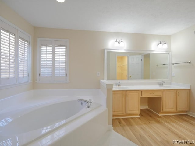 bathroom featuring a washtub, wood-type flooring, and vanity