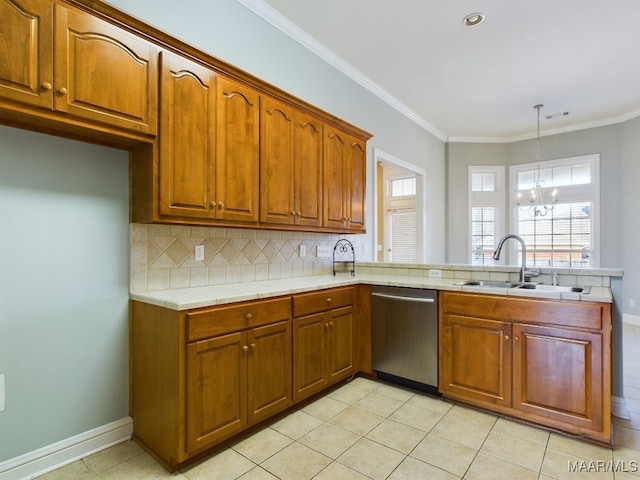 kitchen featuring backsplash, sink, pendant lighting, an inviting chandelier, and dishwasher