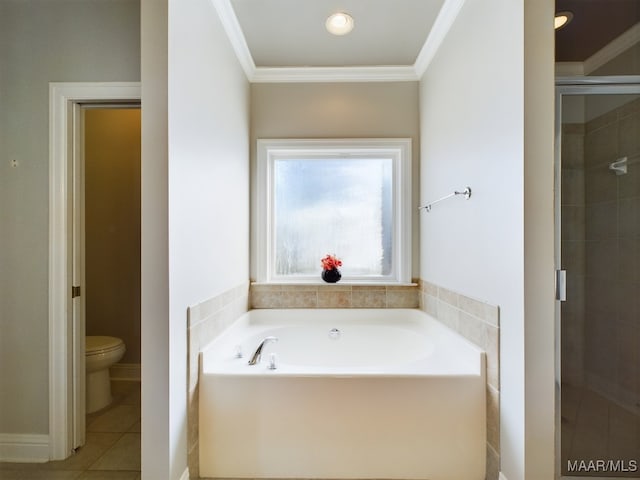 bathroom featuring tile patterned flooring, plus walk in shower, toilet, and ornamental molding