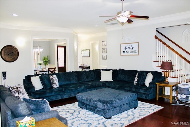 living room with ceiling fan with notable chandelier, dark wood-type flooring, and ornamental molding