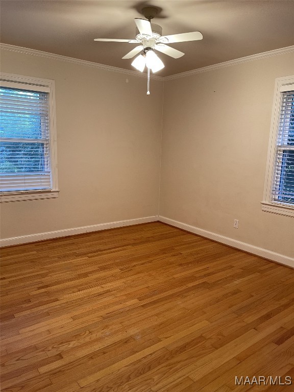 empty room featuring light hardwood / wood-style floors, ceiling fan, and crown molding