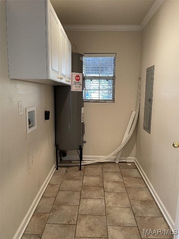 laundry area with electric panel, crown molding, cabinets, and washer hookup