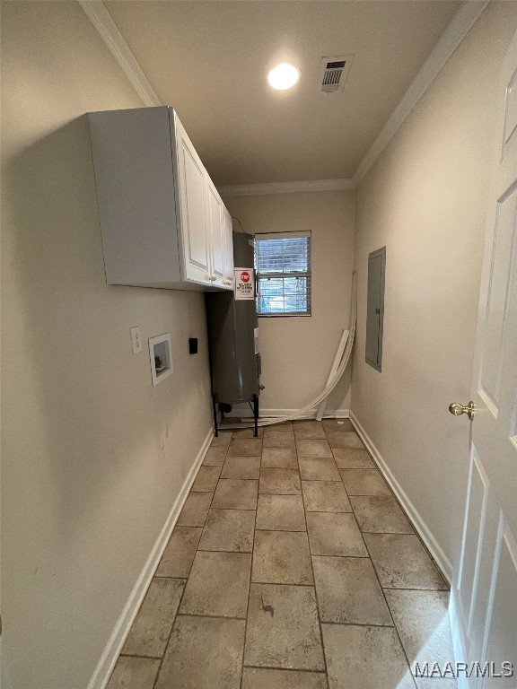 washroom with cabinets, hookup for a washing machine, electric panel, and crown molding