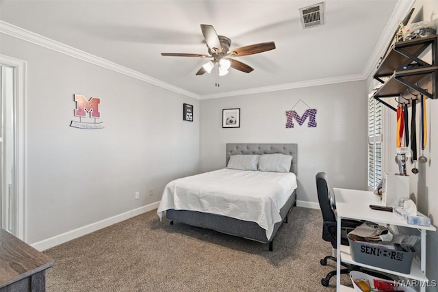 carpeted bedroom featuring ceiling fan and ornamental molding