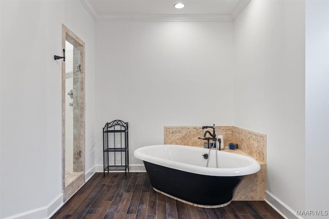 bathroom with plus walk in shower and ornamental molding