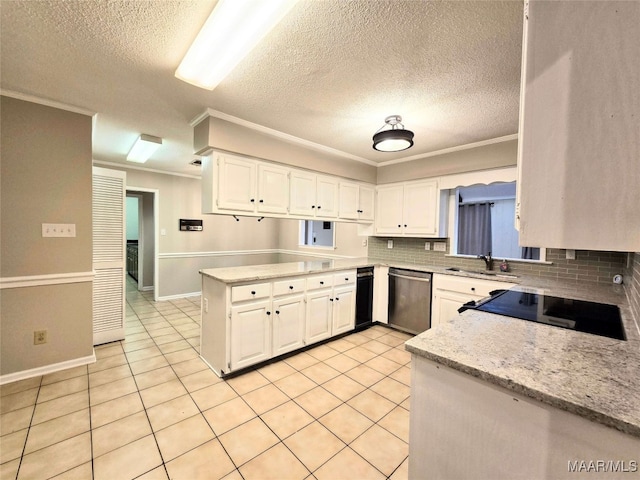 kitchen with dishwasher, light tile patterned floors, kitchen peninsula, and white cabinetry