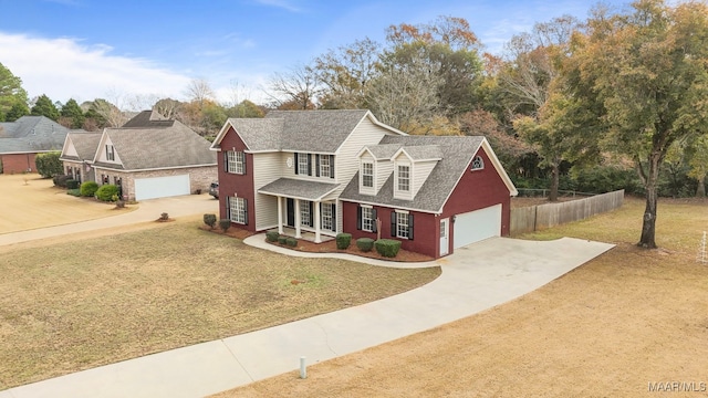 view of front of house featuring a front lawn, a porch, and a garage