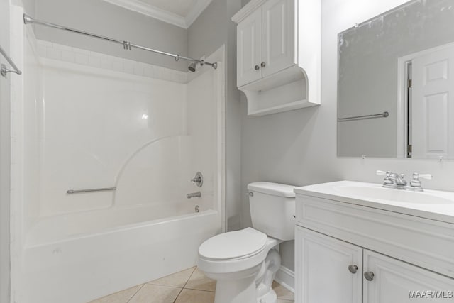 full bathroom with shower / bath combination, tile patterned floors, vanity, crown molding, and toilet