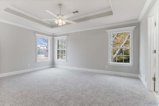 spare room with plenty of natural light, a raised ceiling, ceiling fan, and ornamental molding