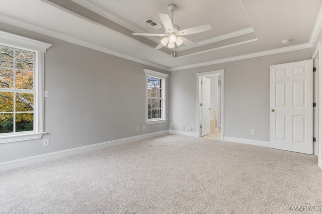 carpeted empty room with plenty of natural light, crown molding, and a tray ceiling