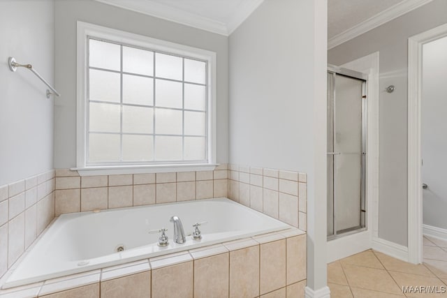 bathroom featuring crown molding, tile patterned flooring, and independent shower and bath