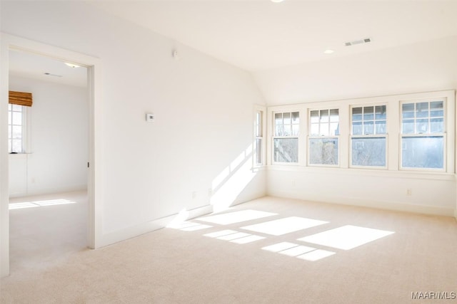 spare room featuring light colored carpet, a healthy amount of sunlight, and lofted ceiling