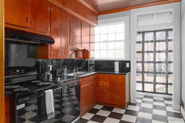 kitchen featuring decorative backsplash, ornamental molding, beverage cooler, sink, and black electric range oven