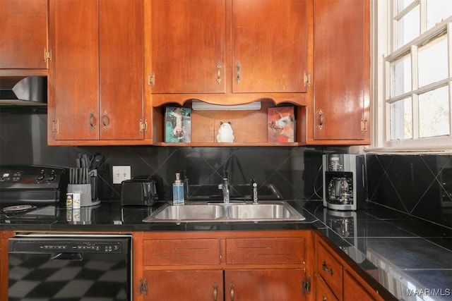 kitchen with dishwasher, decorative backsplash, extractor fan, and sink