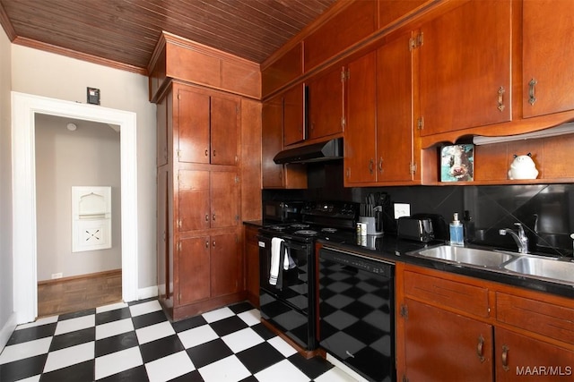 kitchen featuring wooden ceiling, black appliances, crown molding, sink, and decorative backsplash