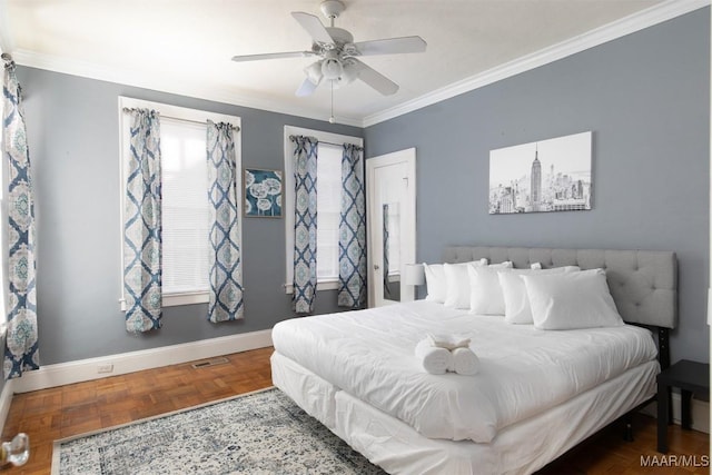 bedroom featuring ceiling fan, dark parquet flooring, and ornamental molding