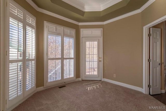 carpeted empty room with a tray ceiling and crown molding