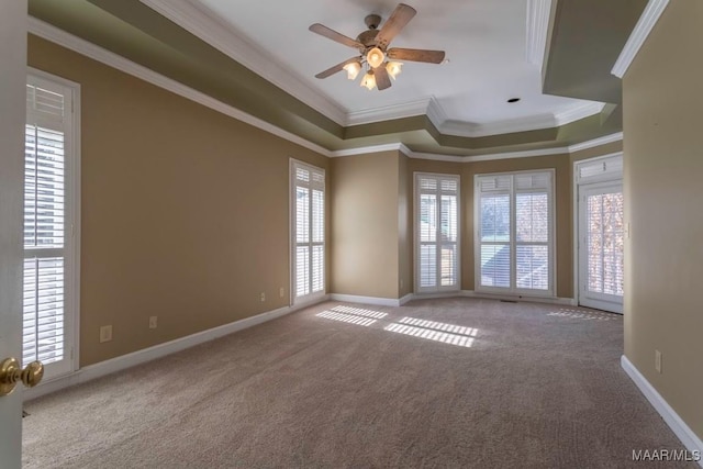 carpeted spare room with ceiling fan, a healthy amount of sunlight, crown molding, and a tray ceiling