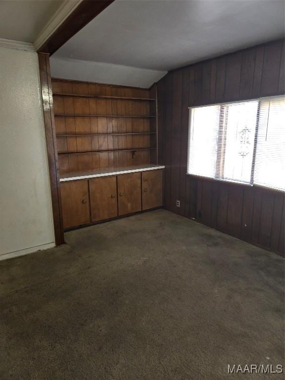 spare room featuring dark carpet and built in features