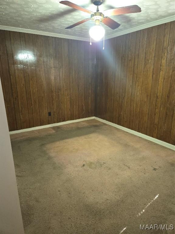 spare room with wood walls and crown molding