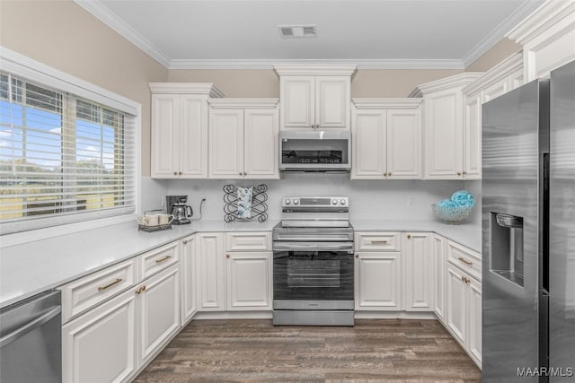 kitchen with white cabinetry, ornamental molding, and appliances with stainless steel finishes