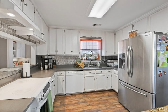 kitchen with white cabinetry, sink, stainless steel fridge with ice dispenser, stove, and white dishwasher