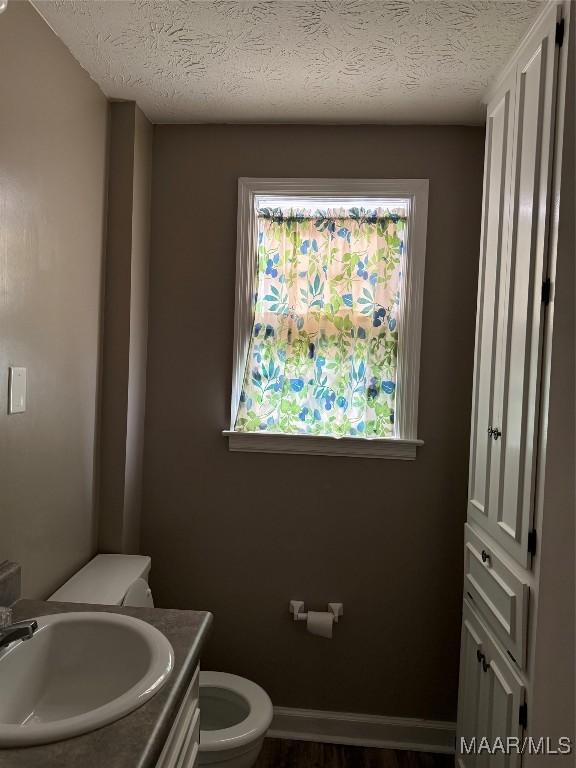 bathroom with plenty of natural light, vanity, a textured ceiling, and toilet