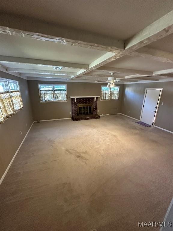basement with carpet and ceiling fan