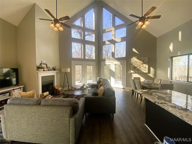 living room with ceiling fan, high vaulted ceiling, and dark hardwood / wood-style floors