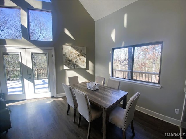 dining area featuring dark hardwood / wood-style flooring, high vaulted ceiling, and plenty of natural light