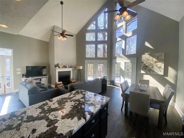 kitchen featuring french doors, dark hardwood / wood-style flooring, high vaulted ceiling, and ceiling fan