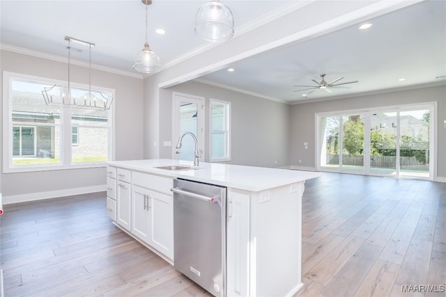 kitchen featuring white cabinetry, a wealth of natural light, dishwasher, sink, and a kitchen island with sink