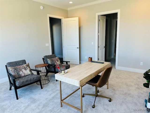 office space featuring light colored carpet and ornamental molding