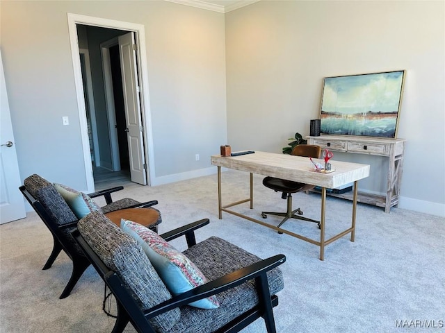 office with light colored carpet and ornamental molding