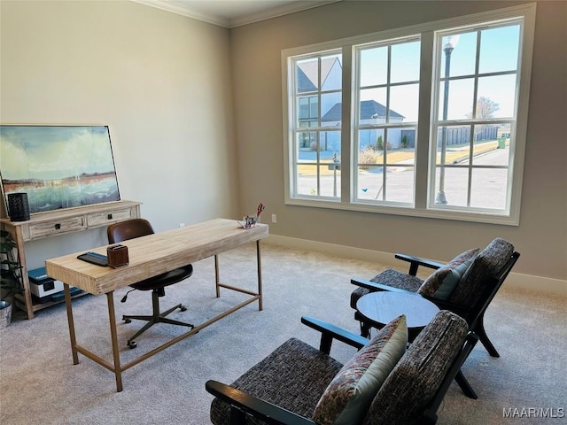 office space featuring light colored carpet and ornamental molding