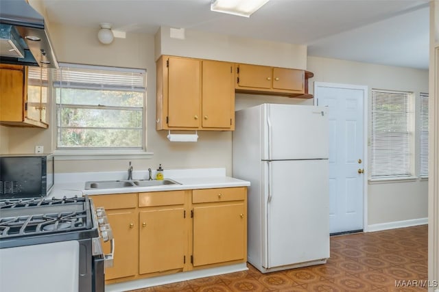 kitchen with white refrigerator, stainless steel range with gas cooktop, and sink