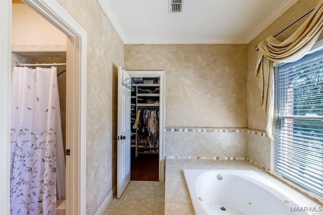 bathroom featuring crown molding, tile patterned flooring, and independent shower and bath