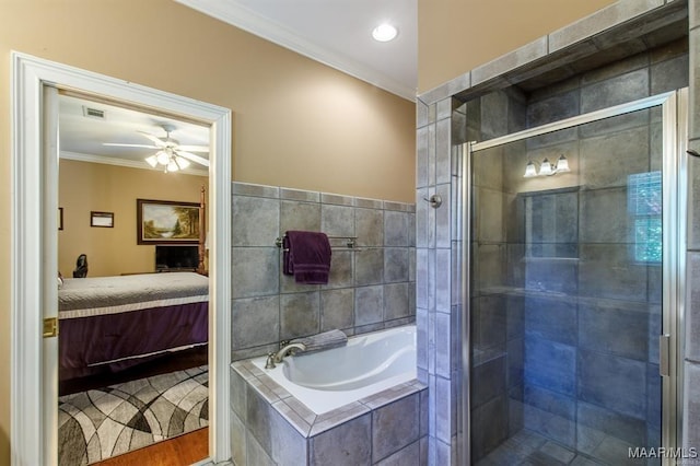 bathroom with crown molding, ceiling fan, and plus walk in shower