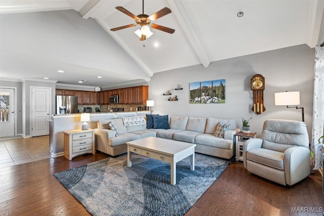 living room with beamed ceiling, high vaulted ceiling, ceiling fan, and dark wood-type flooring